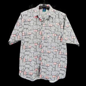 Vintage Shah Safari Gray Pink Hieroglyphs Button Shirt XL 80s Short Sleeve